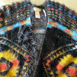 Free People Aztec Fall Winter Kimono Cardi Poncho Wrap Sweater Black Like New